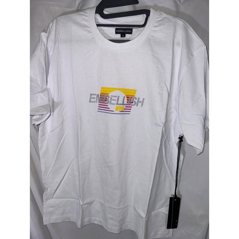 Embellish NYC Mens White Graphic T-Shirt Retro Sunset‎ Glitter Logo Size M NWT